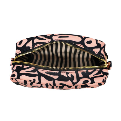 Bag-all Toiletry Pouch Love Pattern featuring pink abstract design on black background, striped interior lining, gold zipper, eco-friendly recycled material, water-resistant travel organizer