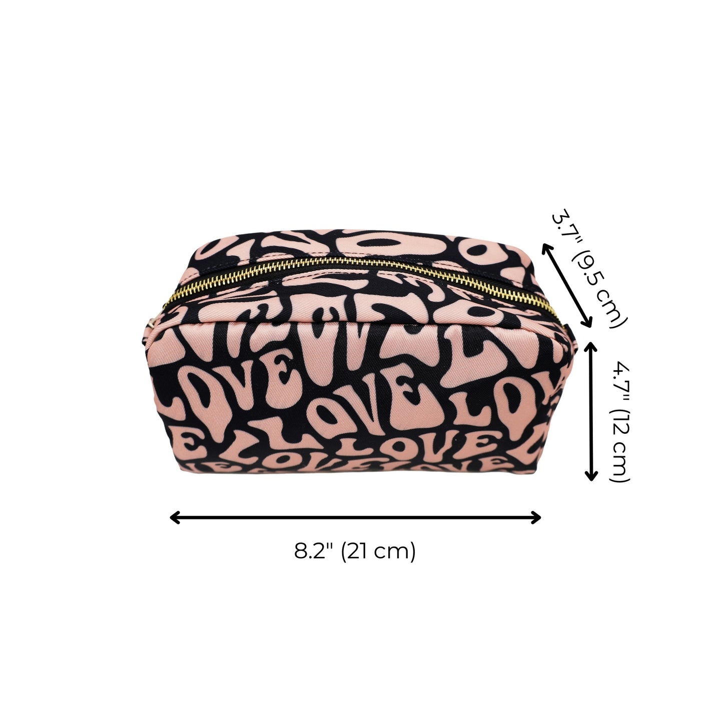 Bag-all Toiletry Pouch featuring pink and black love pattern print, eco-friendly travel organizer with gold zipper, compact size 8.2 x 4.7 inches, made from recycled PET bottles