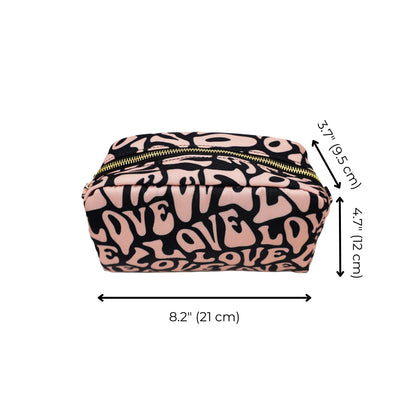 Bag-all Toiletry Pouch featuring pink and black love pattern print, eco-friendly travel organizer with gold zipper, compact size 8.2 x 4.7 inches, made from recycled PET bottles