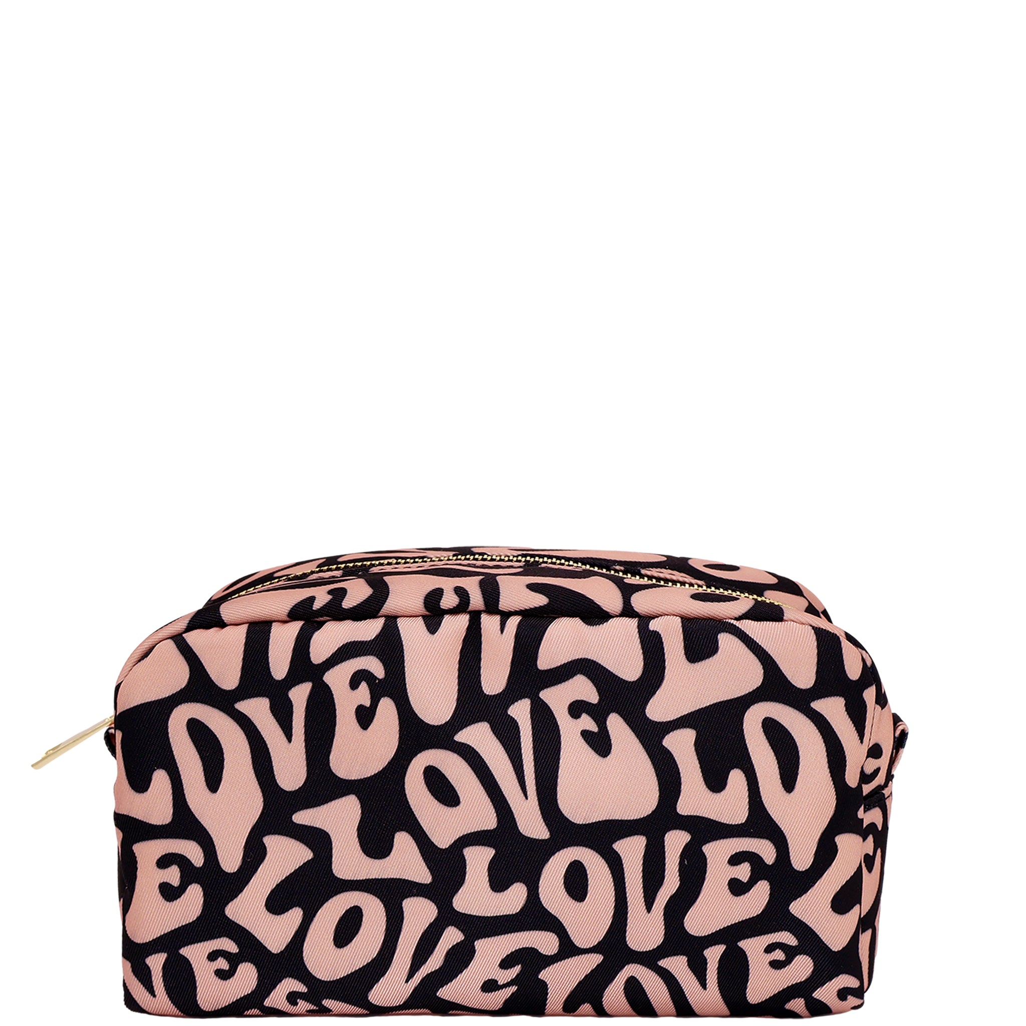 Bag-all Toiletry Pouch with Love Pattern - Pink sustainable travel organizer with retro-style black love text print, eco-friendly recycled PET material, water-resistant interior, gold zipper