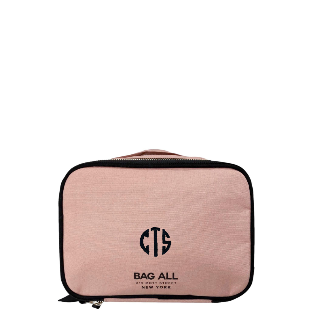 Bag-all Double Sided Toiletry Case in Pink/Blush with black piping, metal zippers and carrying handle. Cotton organizing case with laminated interior and elastic bands.