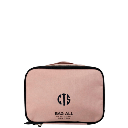 Bag-all Double Sided Multi Use Case in blush pink cotton featuring elastic straps, mesh pocket, dual zippers and carrying handle for versatile organization and storage