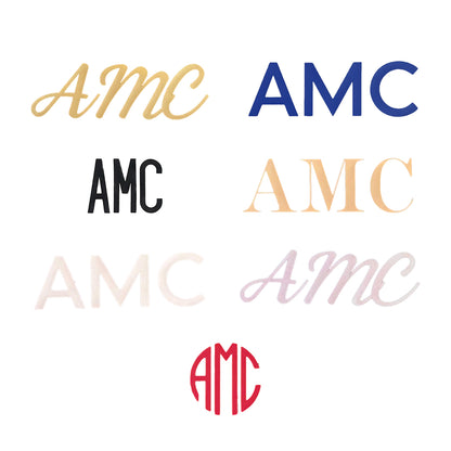 Bag-all Personalized Vinyl Monogram Options - AMC initials shown in multiple fonts and colors including gold, navy, black, beige, pink shimmer, and red circular design