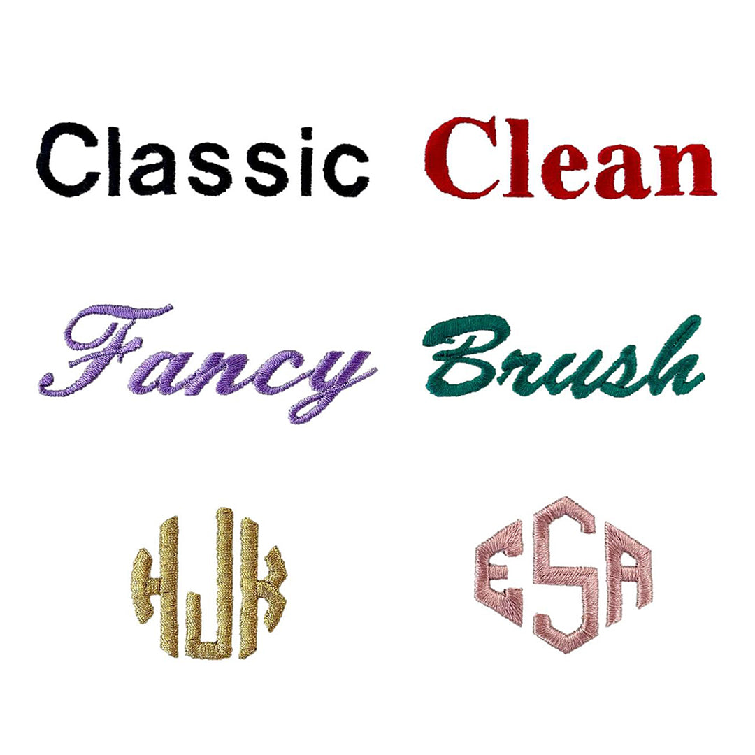 Bag-all monogram font options featuring Classic, Clean, Fancy, and Brush styles with circular and hexagonal monogram examples in multiple colors for personalized bags