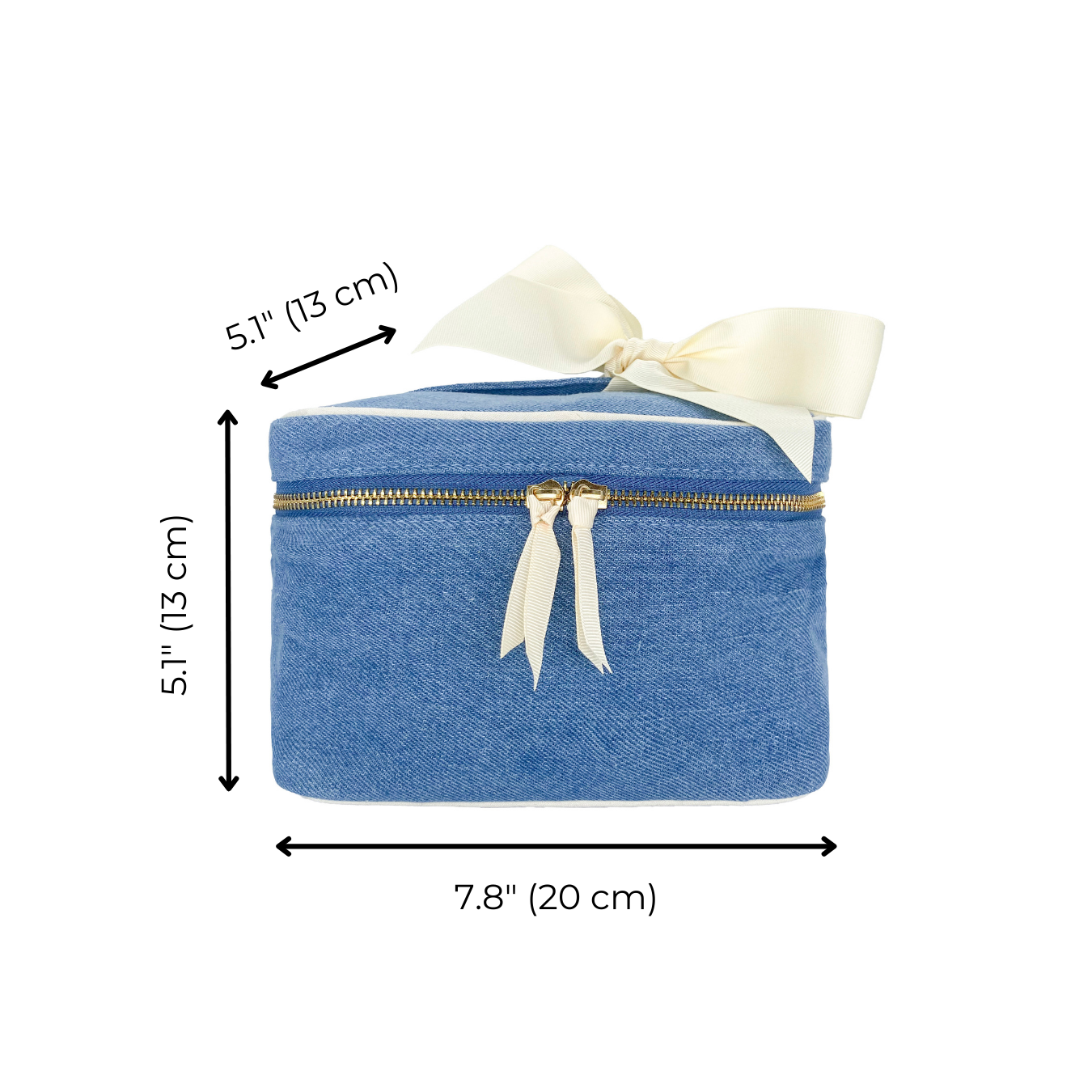 Bag-all My Makeup Cosmetic Box in stylish denim fabric with cream bow detail, gold zipper, and waterproof interior. Square design measures 7.8x5.1x5.1 inches, perfect for organizing beauty essentials.