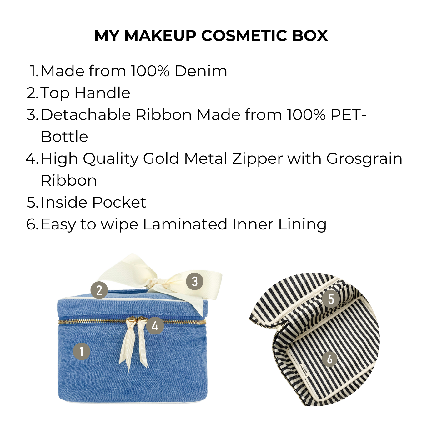 Bag-all My Makeup Cosmetic Box in denim featuring gold zipper, ribbon bow detail, waterproof lining, and spacious interior with pocket for organized beauty storage