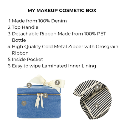 Bag-all My Makeup Cosmetic Box in denim featuring gold zipper, ribbon bow detail, waterproof lining, and spacious interior with pocket for organized beauty storage