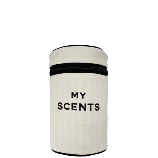 Bag-all Round My Scents Case in cream canvas with black zipper, cylindrical perfume organizer with text 'MY SCENTS', eco-friendly travel storage solution