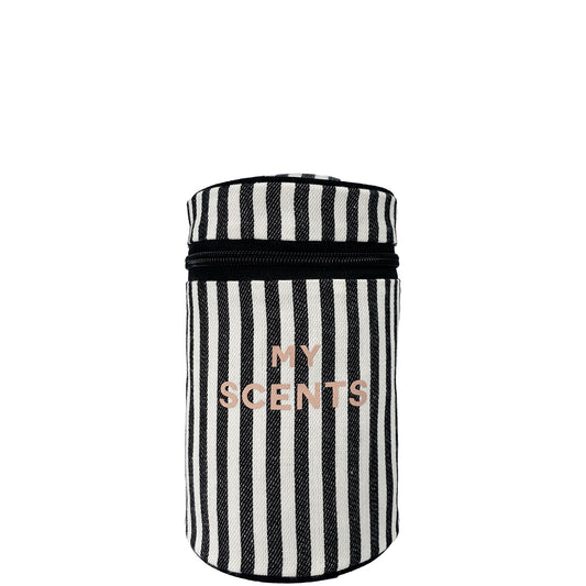 Bag-all Round My Scents Case in black and white stripes with rose gold text, featuring cylindrical design and secure zipper closure for perfume storage