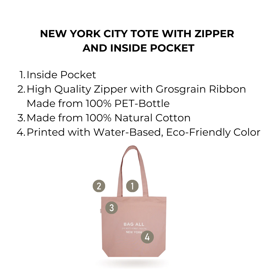 New York City Tote with Zipper and Inside Pocket, Pink/Blush | Bag-all