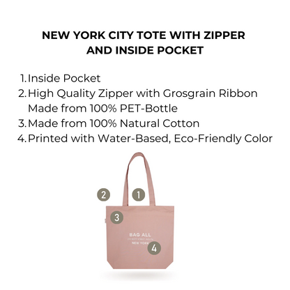 New York City Tote with Zipper and Inside Pocket, Pink/Blush | Bag-all