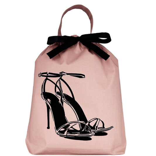 Bag-all High Heel Sandal Shoe Bag in pink cotton with black stiletto heel print and velvet bow, featuring drawstring closure and carrying handle for stylish shoe storage and travel