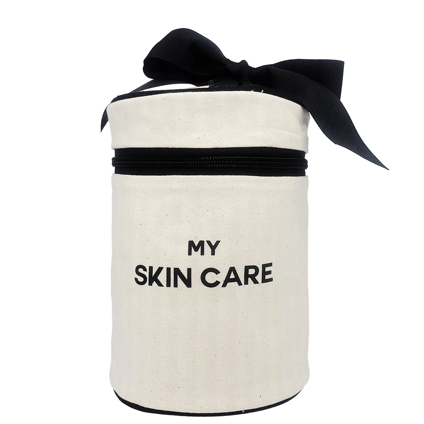 Bag-all Round Skin Care Case with Handle in cream canvas featuring black zipper, decorative bow and 'MY SKIN CARE' text print - stylish beauty storage solution