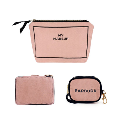 Bag-all Handbag Organizer Trio in pink featuring makeup pouch, trinket box, and earbuds case with black text labels and zipper closures, designed for stylish organization