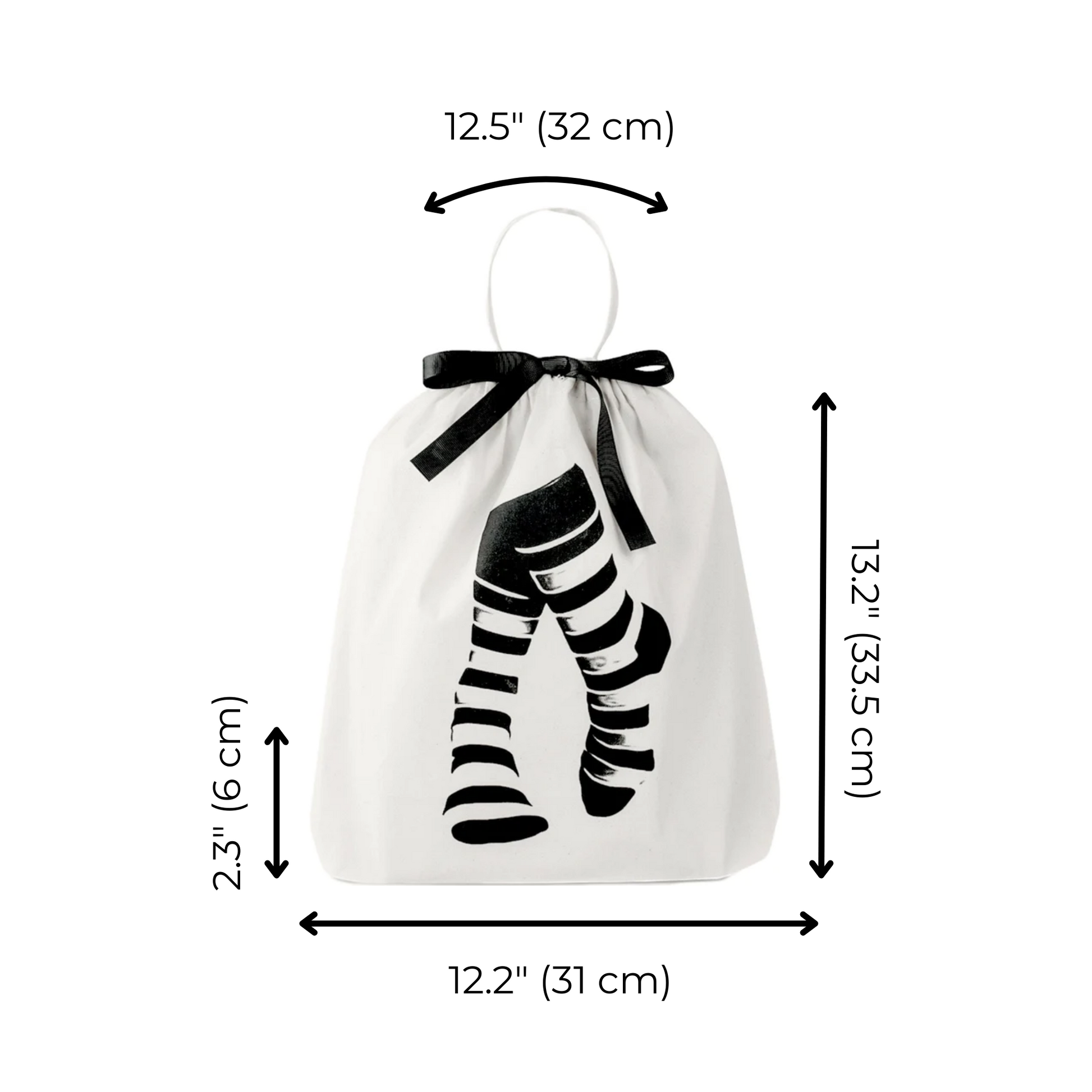 Bag-all Sock Short Bag in Cream with striped socks graphic, featuring black bow closure and dimensions 32x31cm. Perfect for sock organization and storage.