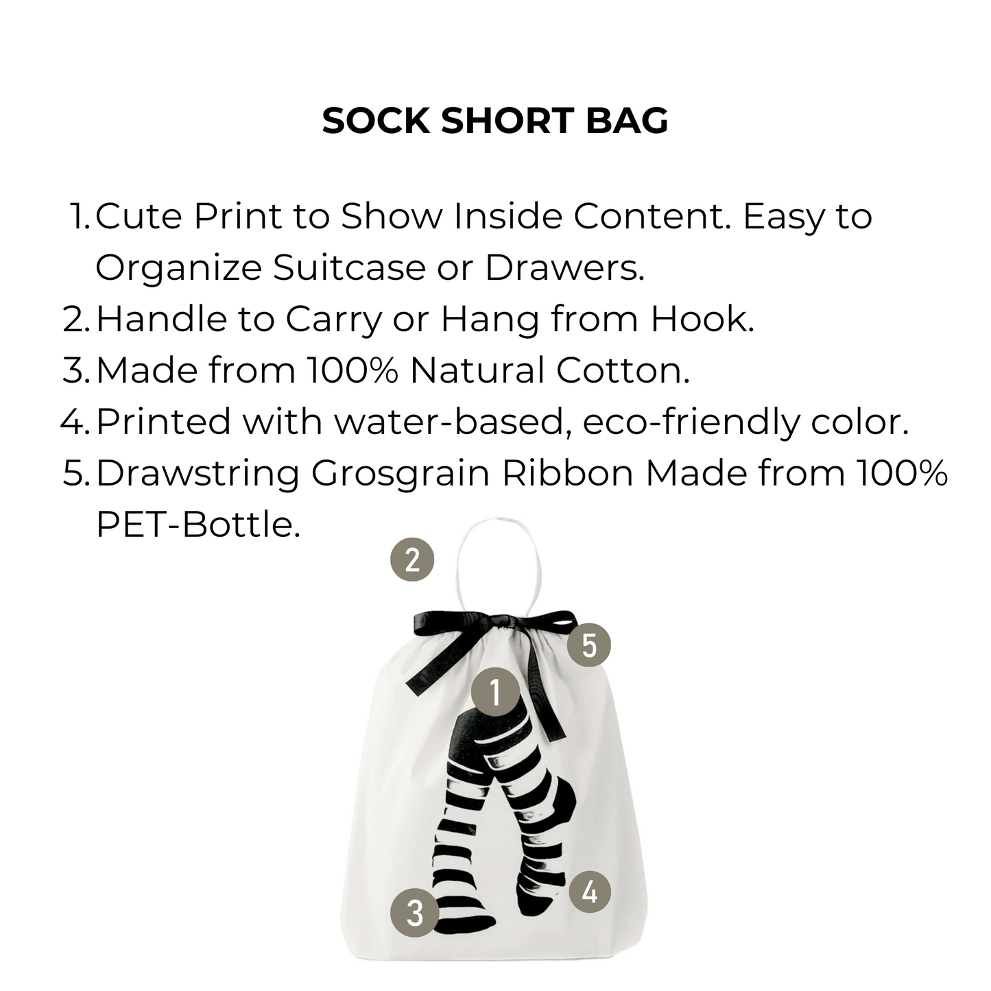 Bag-all Sock Short Bag in Cream featuring striped sock print, natural cotton fabric, eco-friendly design with recycled ribbon drawstring. Perfect for organizing socks at home or travel.