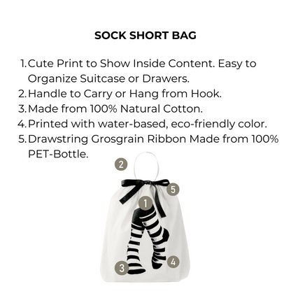 Bag-all Sock Short Bag in Cream featuring striped sock print, natural cotton fabric, eco-friendly design with recycled ribbon drawstring. Perfect for organizing socks at home or travel.