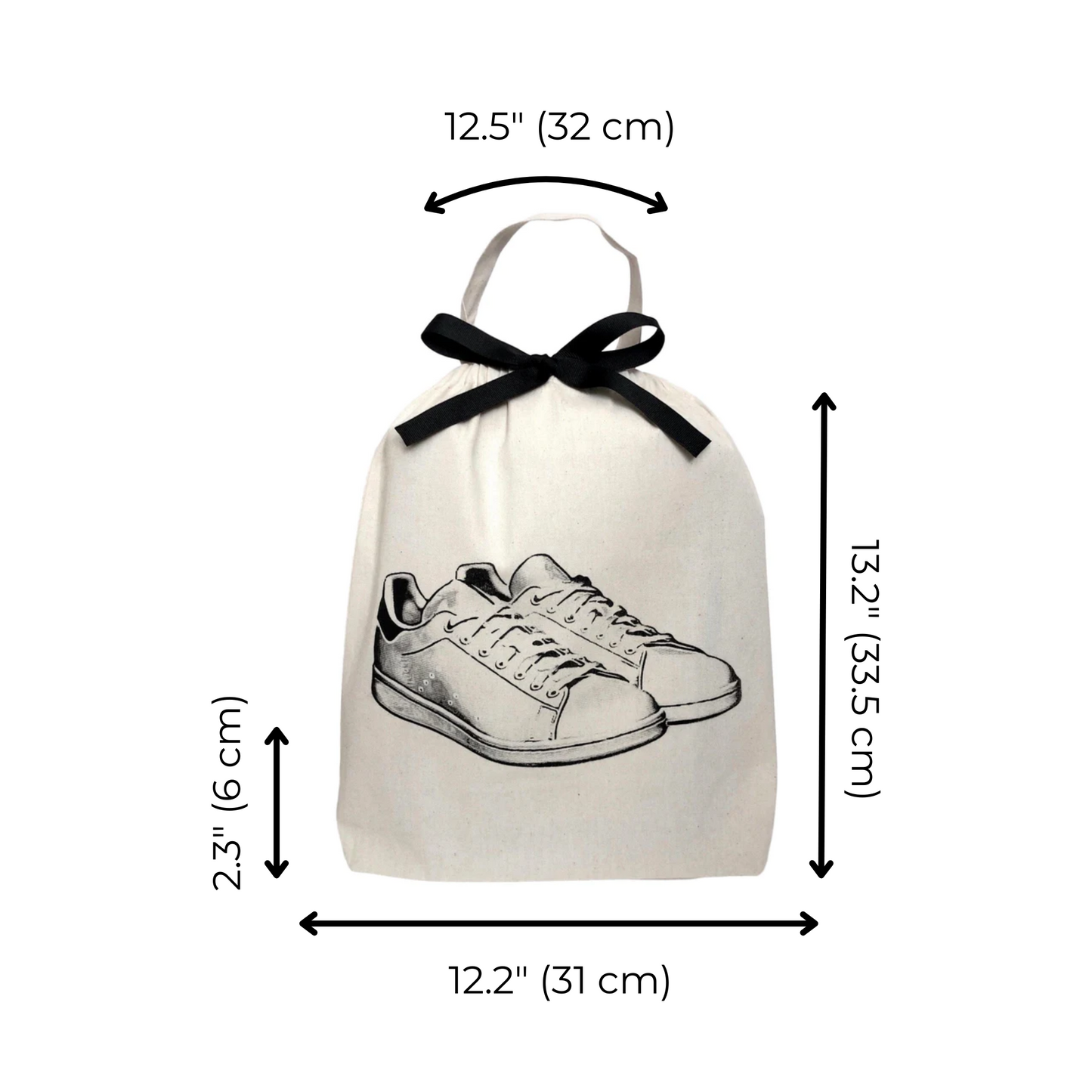 Bag-all White Sneaker Shoe Bag in cream cotton featuring black sneaker illustration, drawstring closure with bow, dimensions 32x31cm, perfect for shoe storage and travel