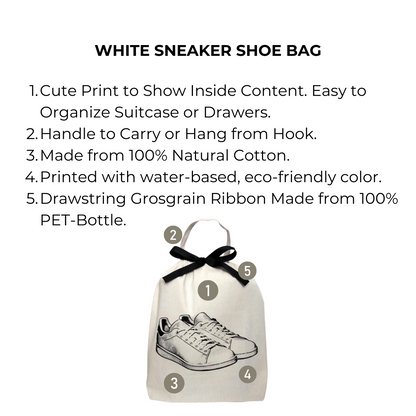 Bag-all White Sneaker Shoe Bag in cream cotton featuring sneaker print design, recycled drawstring closure and carry handle, perfect for travel organization