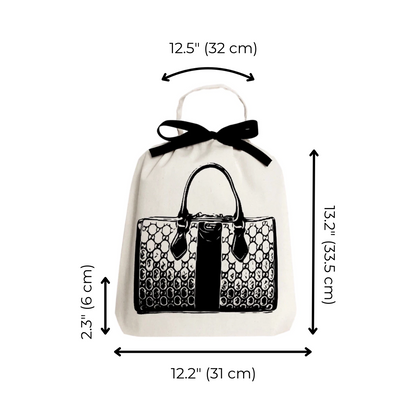 Bag-all Vintage Handbag Travel Bag in cream cotton with black designer handbag print and bow tie closure, measuring 13.2 x 12.2 inches. Perfect for protecting luxury purses.