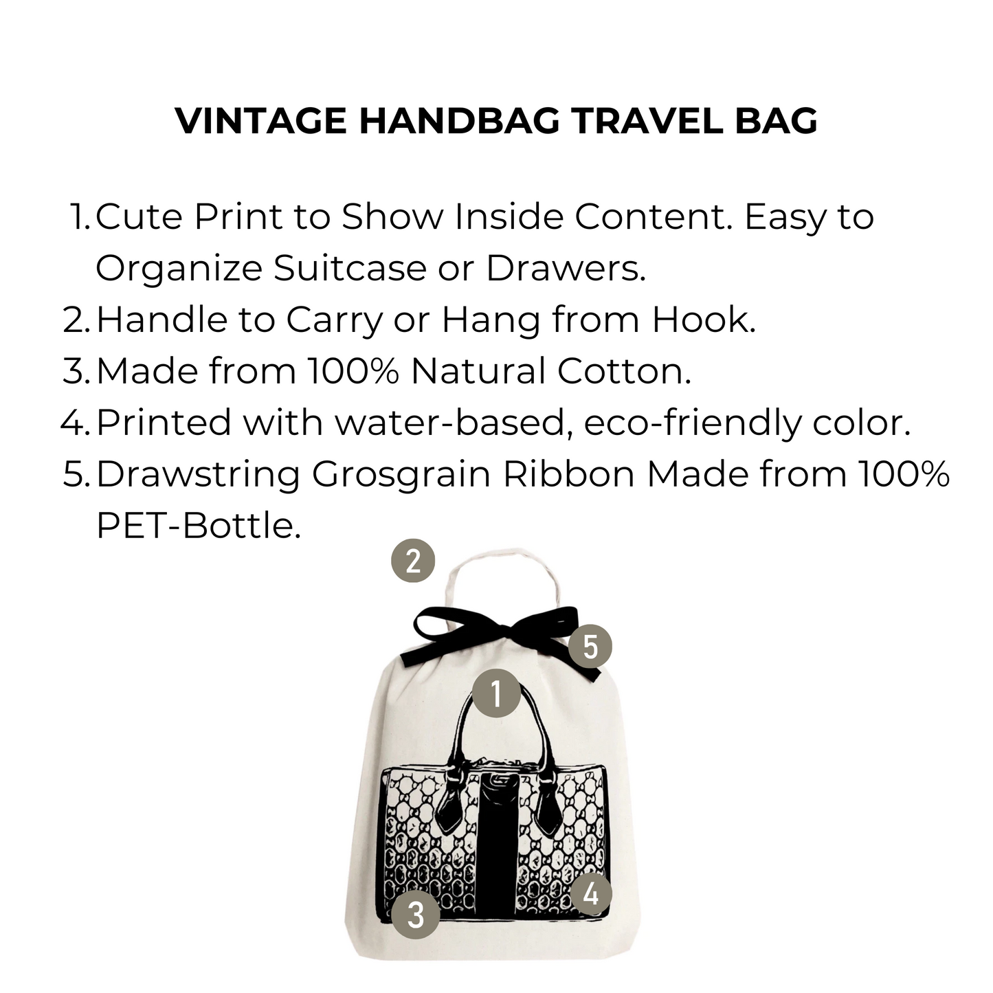 Bag-all Vintage Handbag Travel Bag in cream cotton with stylish black handbag print, eco-friendly drawstring organizer for protecting designer bags during travel and storage