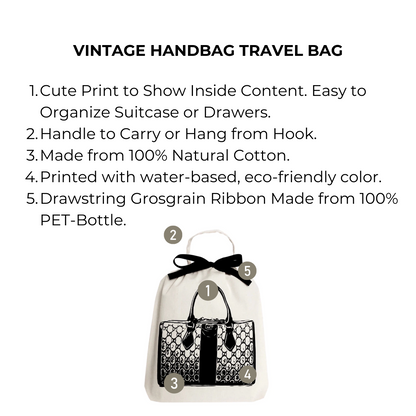 Bag-all Vintage Handbag Travel Bag in cream cotton with stylish black handbag print, eco-friendly drawstring organizer for protecting designer bags during travel and storage