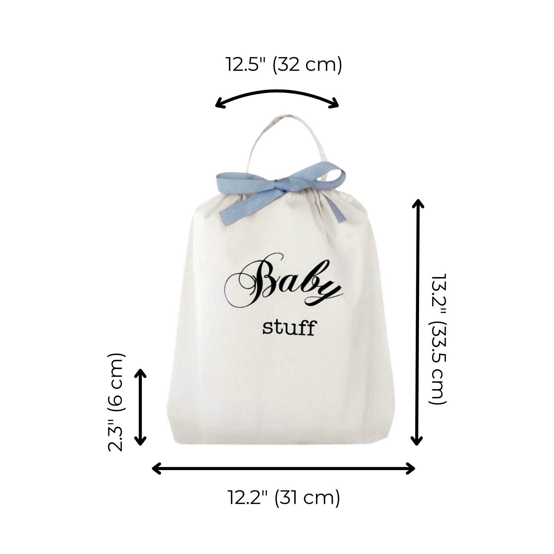 Bag-all Baby Fancy Bag in Cream with dimensions: 13.2” x 12.2”. Elegant cotton pouch with blue ribbon, perfect for organizing baby essentials