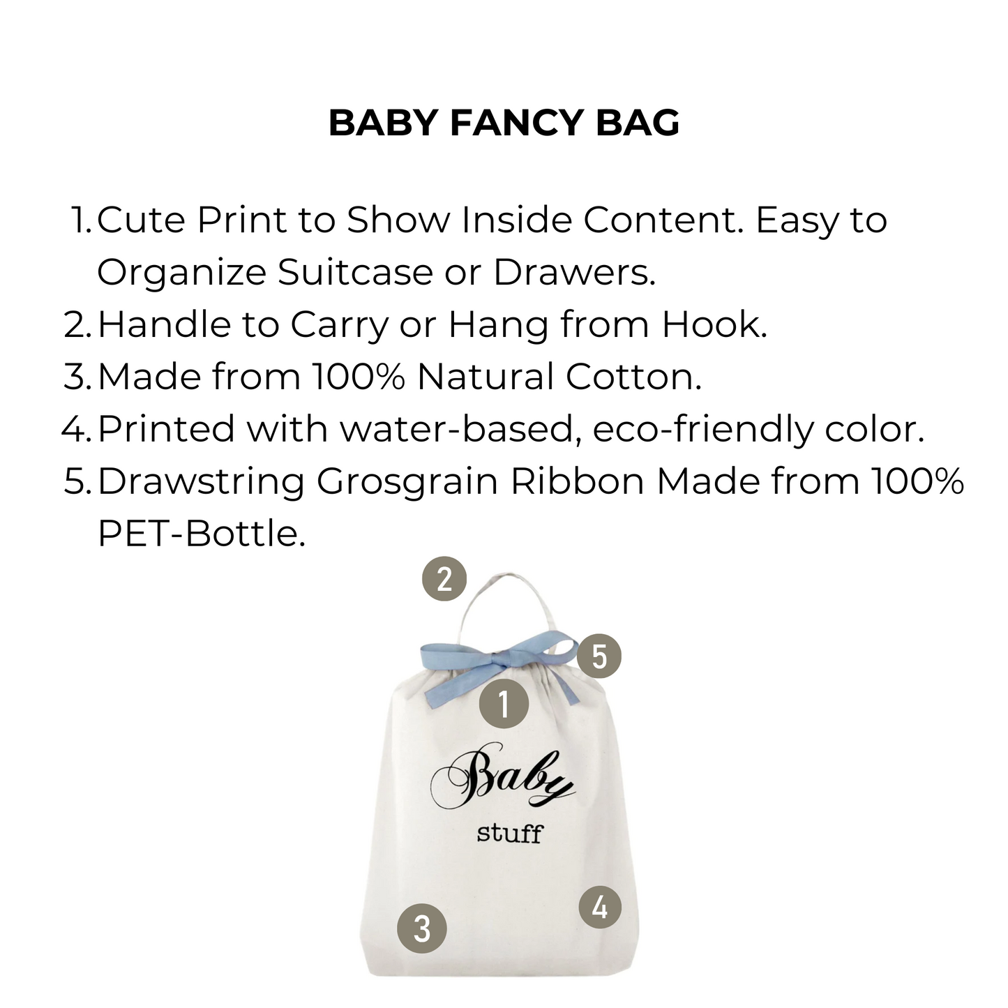 Bag-all Baby Fancy Bag in Cream. Made from 100% natural cotton with eco-friendly print, grosgrain ribbon, and a handle for easy carrying