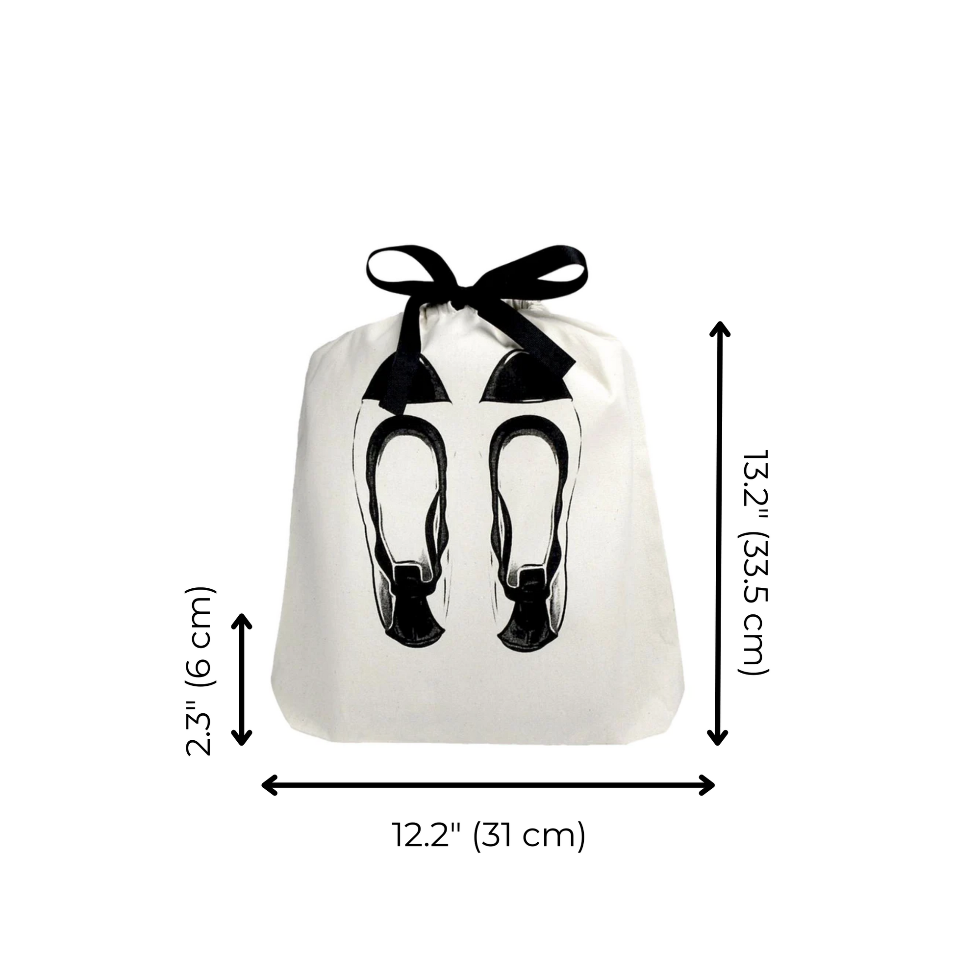 Bag-all Ballet Flat Shoe Bag in cream with black bow, featuring dimensions: 13.2’’ x 12.2’’ x 2.3’’. Stylish shoe storage pouch