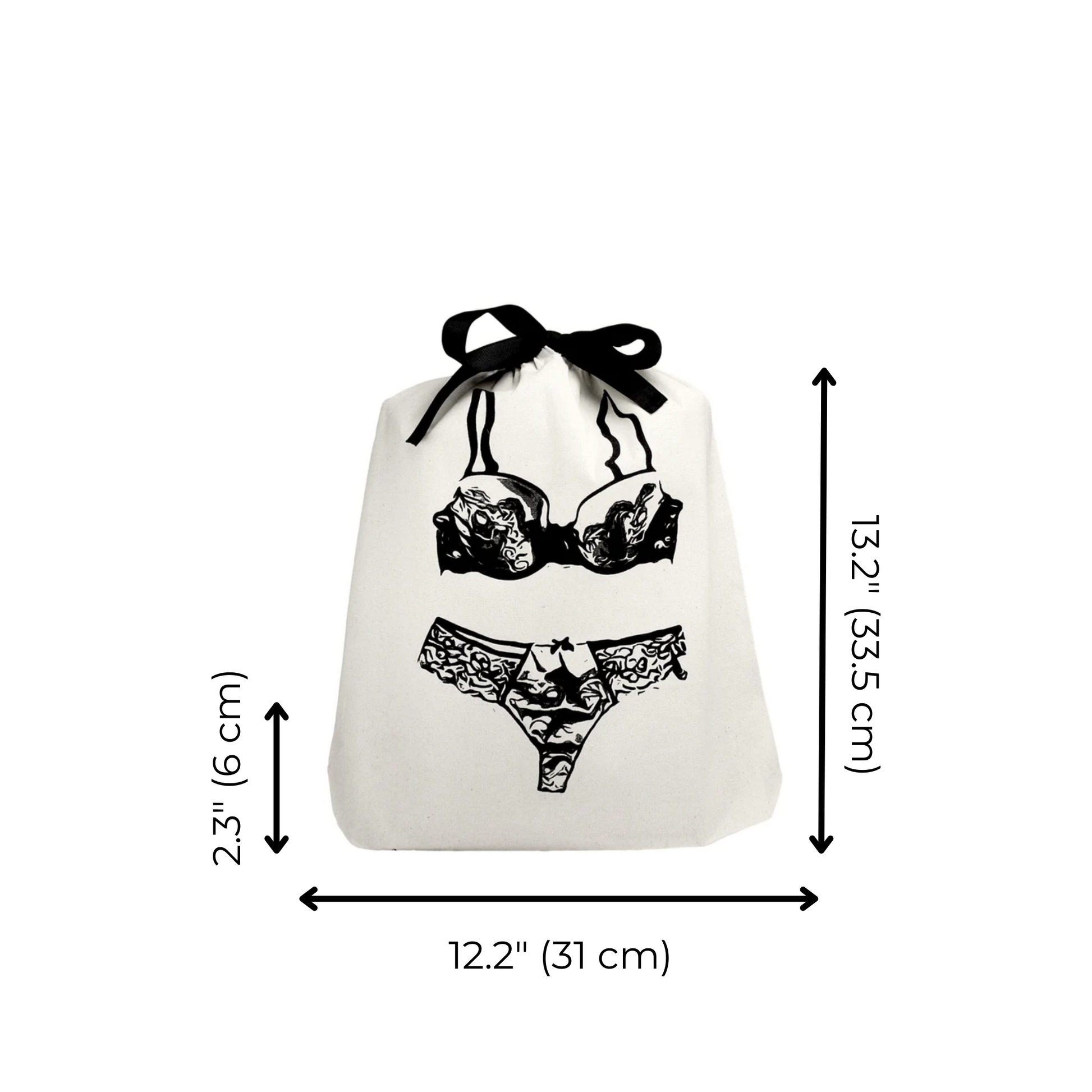 Bag-all Cream Lace Lingerie Travel Bag featuring black lingerie illustration on cotton, with dimensions 13.2x12.2 inches, black ribbon tie closure for elegant organization