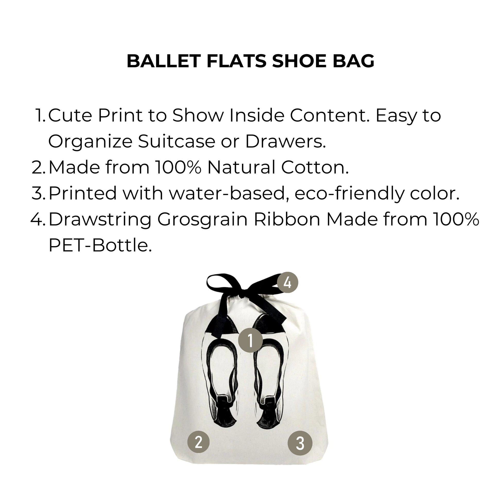 Bag-all Ballet Flats Shoe Bag in cream with black bow. Made from 100% cotton, eco-friendly print, and recycled grosgrain ribbon