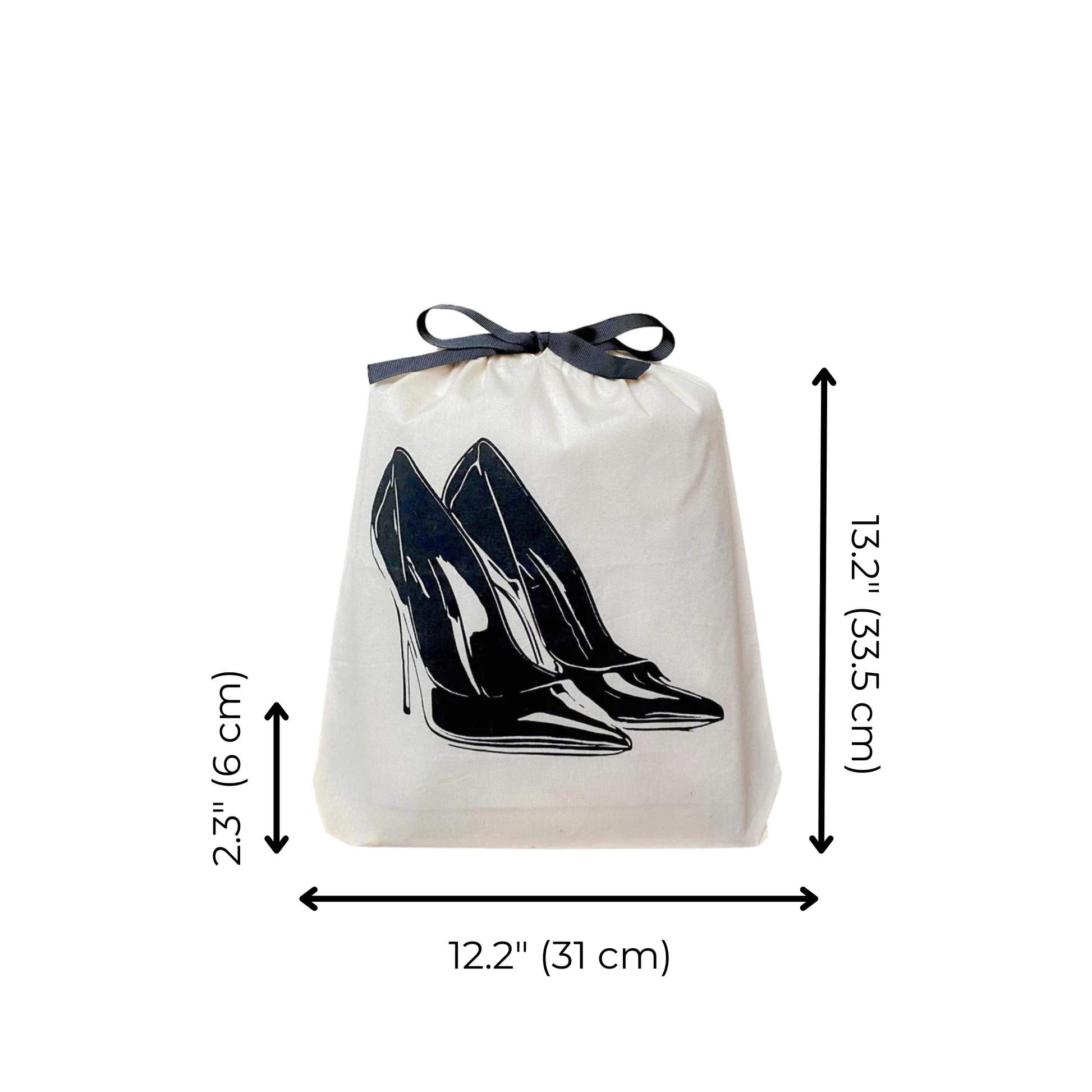 Bag-all High Heel Pumps Shoe Bag in cream canvas features black stiletto print, drawstring closure, perfect for protecting designer shoes, 12.2x13.2 inches