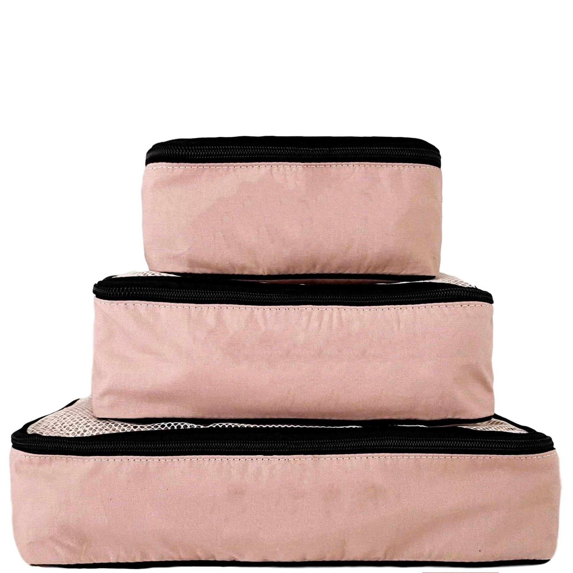 Bag-all Weekend Essential Packing Set 4-Pack in Pink/Blush - stylish cotton travel organizer cubes with black trim for efficient packing and storage