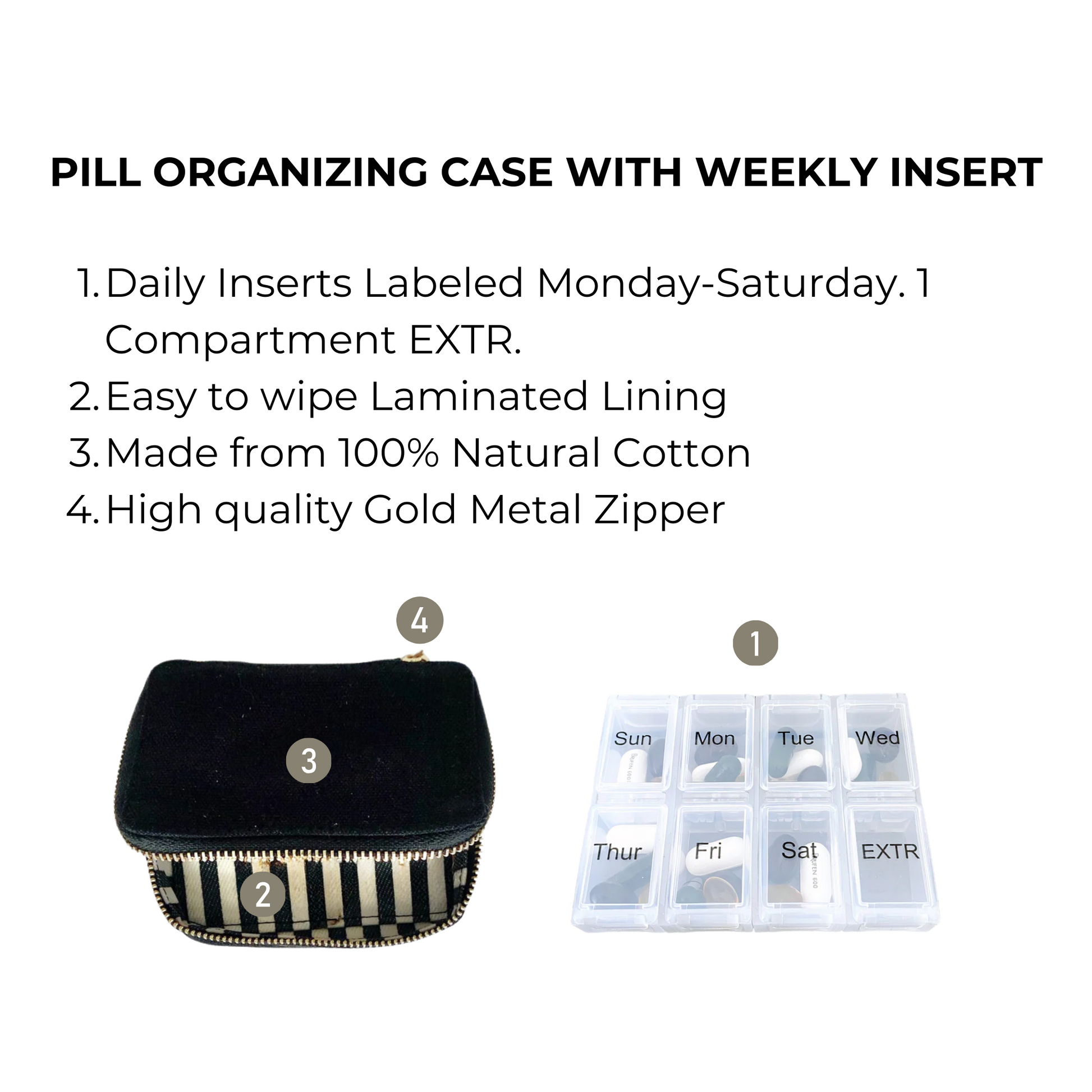 Bag-all Black Pill Organizing Case with Weekly Pill Organizer featuring cotton exterior, gold zipper, striped lining, and 8-compartment clear insert for Monday-Sunday plus extra storage