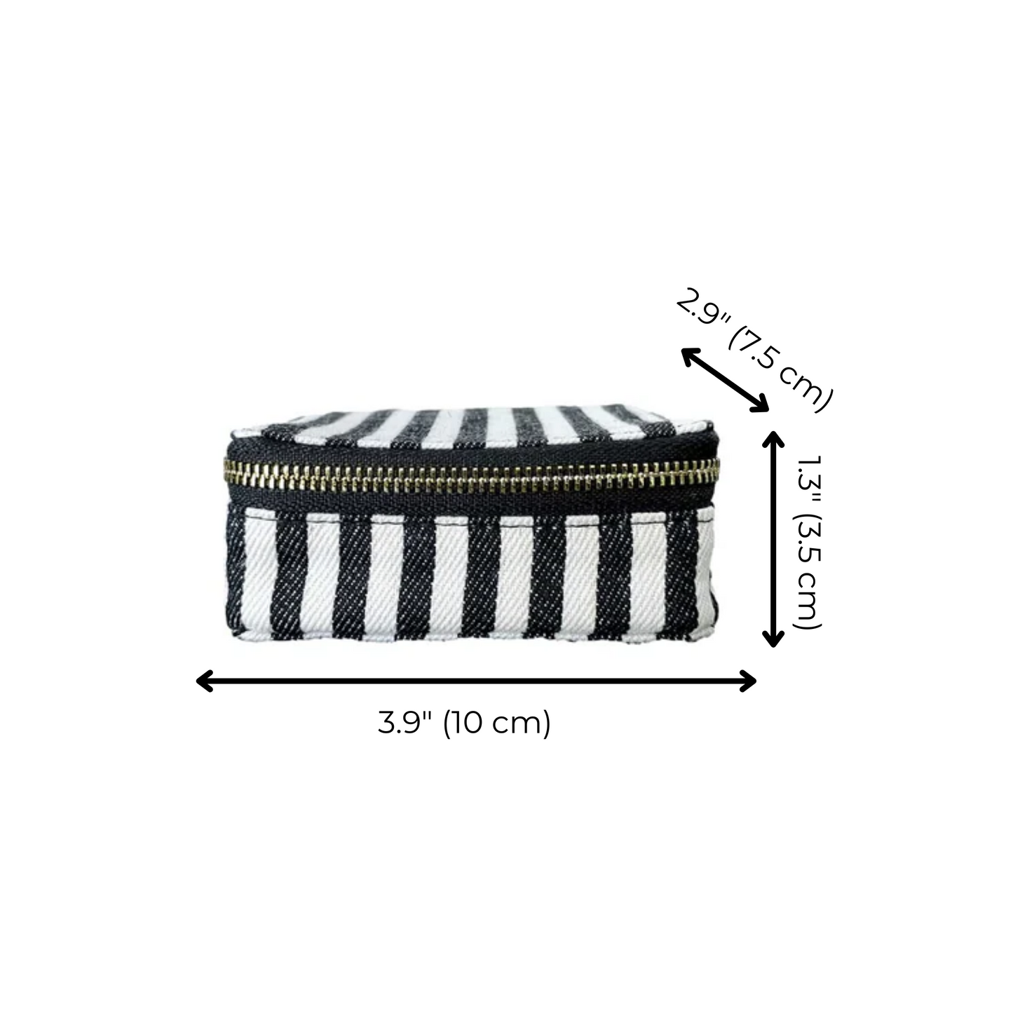 Bag-all Striped Pill Organizing Case with Weekly Organizer features black and white stripes, gold zipper closure, compact size measuring 3.9x2.9x1.3 inches, perfect for daily medication storage