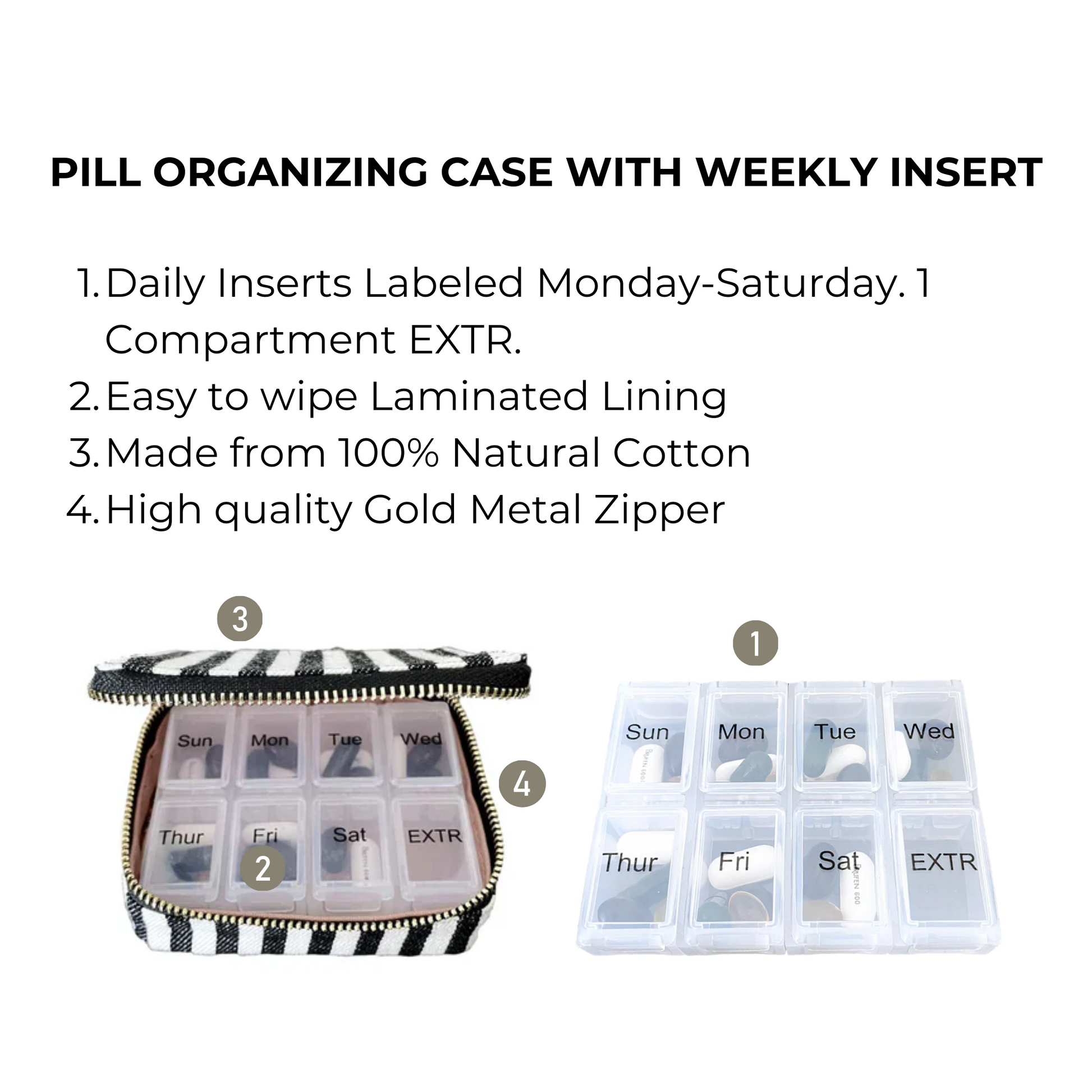 Bag-all Striped Pill Organizing Case with Weekly Organizer featuring labeled compartments, cotton exterior, gold zipper, and laminated interior for convenient medication management