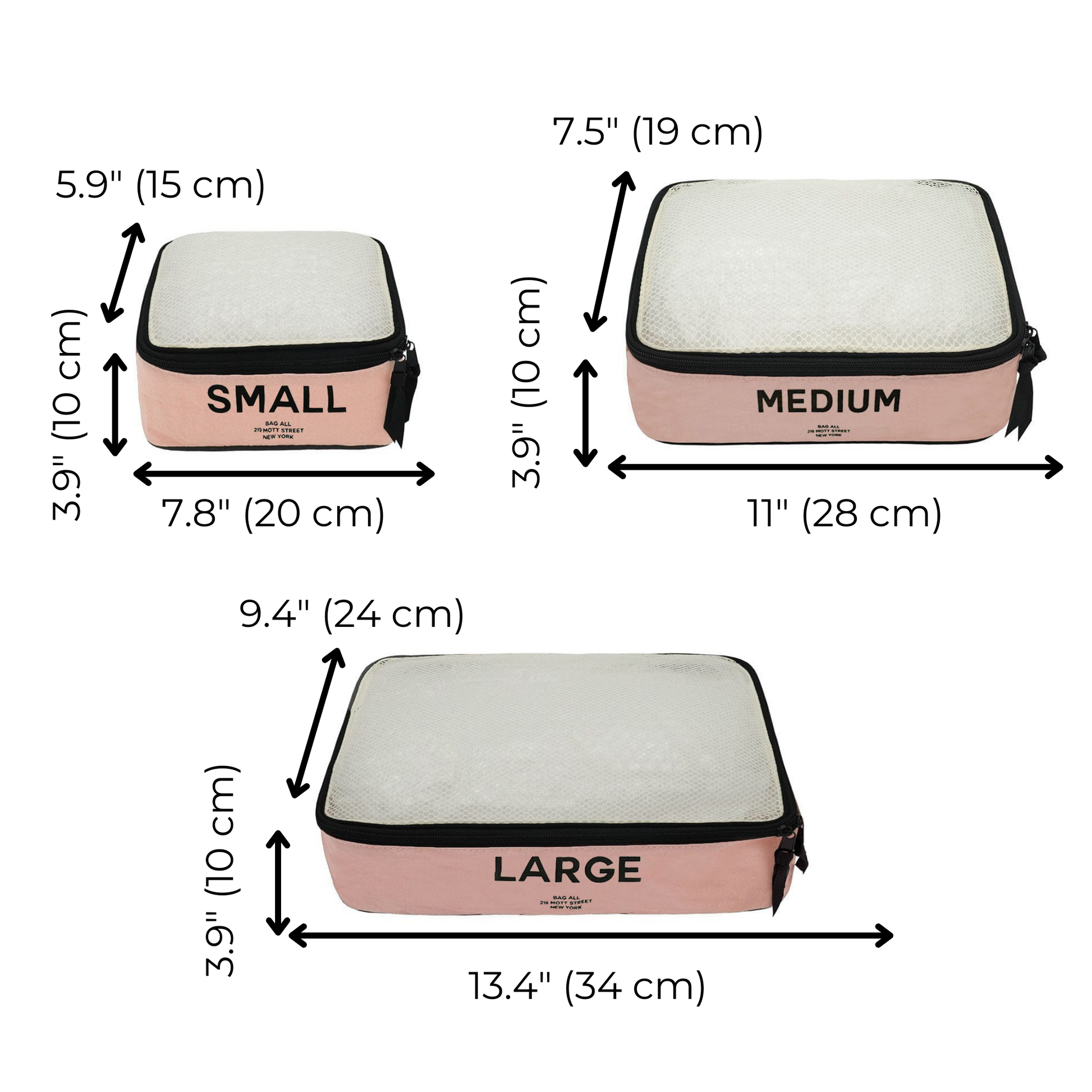 Bag-all Cotton Packing Cubes in Pink/Blush, 3-pack featuring mesh-top design in small, medium, and large sizes with dimensions 20cm, 28cm, and 34cm length respectively for organized travel storage