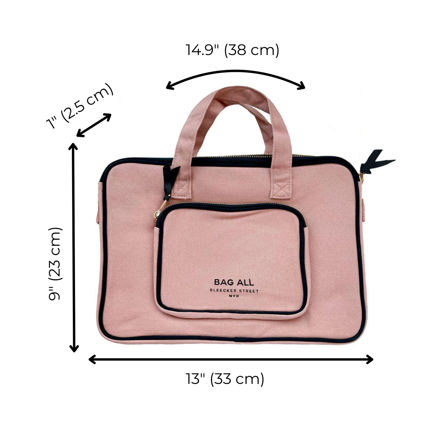 Bag-all Laptop Case 13" in blush pink cotton with front charger pocket, handles, and protective padding. Dimensions: 14.9" x 9" x 1", perfect for 11-13" devices