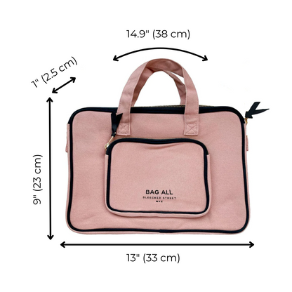 Bag-all Laptop Case 13" in blush pink cotton with front charger pocket, handles, and protective padding. Dimensions: 14.9" x 9" x 1", perfect for 11-13" devices