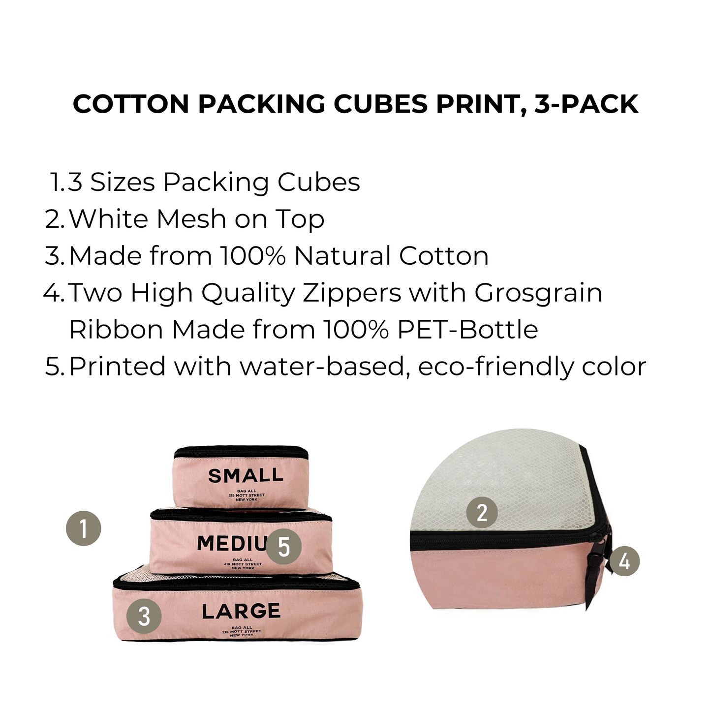 Bag-all Cotton Packing Cubes Print 3-pack in Pink/Blush featuring mesh top, eco-friendly material, and three sizes - small, medium, and large with durable zippers for organized travel storage