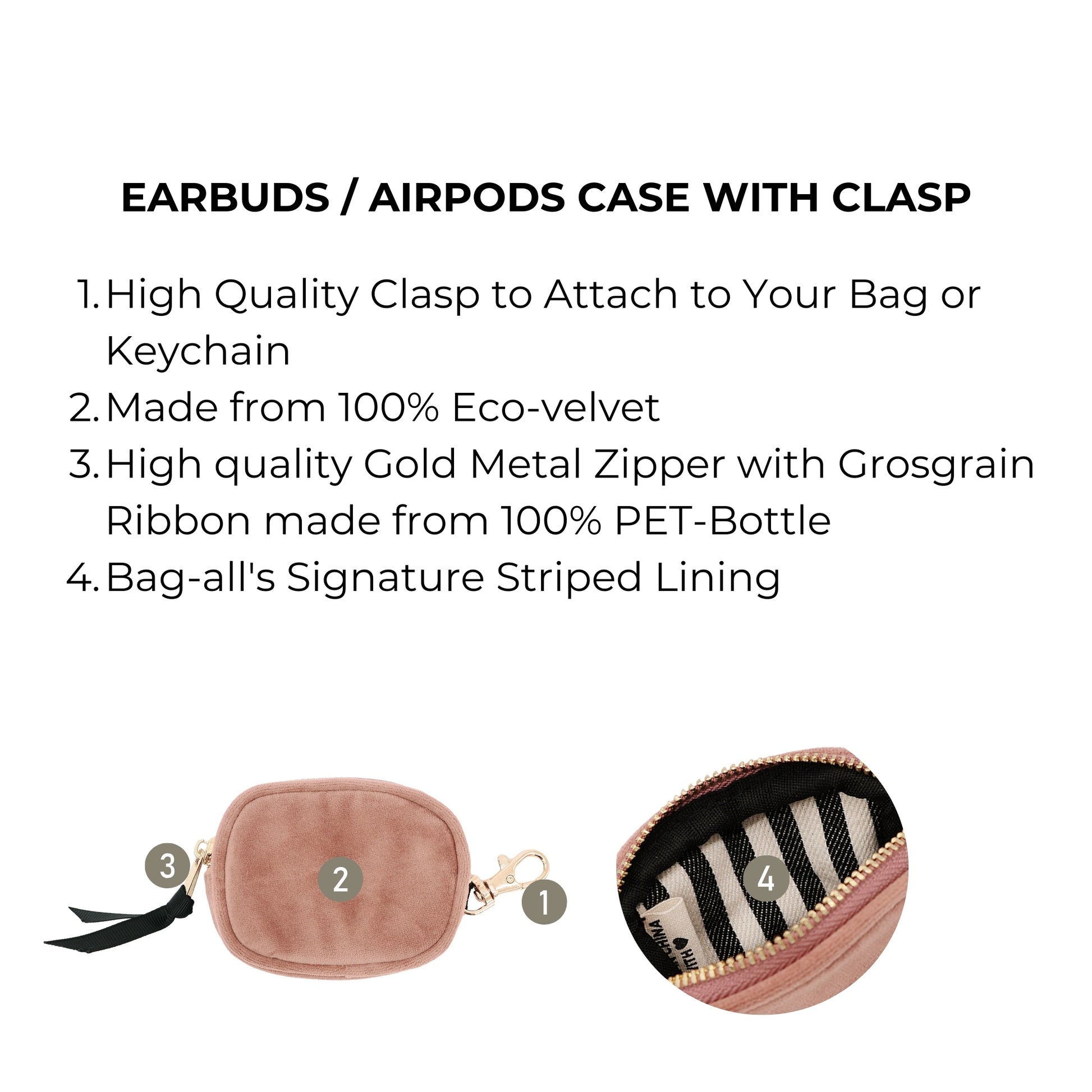 Bag-all Pink Velvet Earbuds Case with gold clasp and zipper, featuring eco-friendly material, striped interior lining, perfect for AirPods storage and protection while on the go