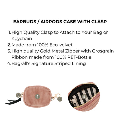 Bag-all Pink Velvet Earbuds Case with gold clasp and zipper, featuring eco-friendly material, striped interior lining, perfect for AirPods storage and protection while on the go