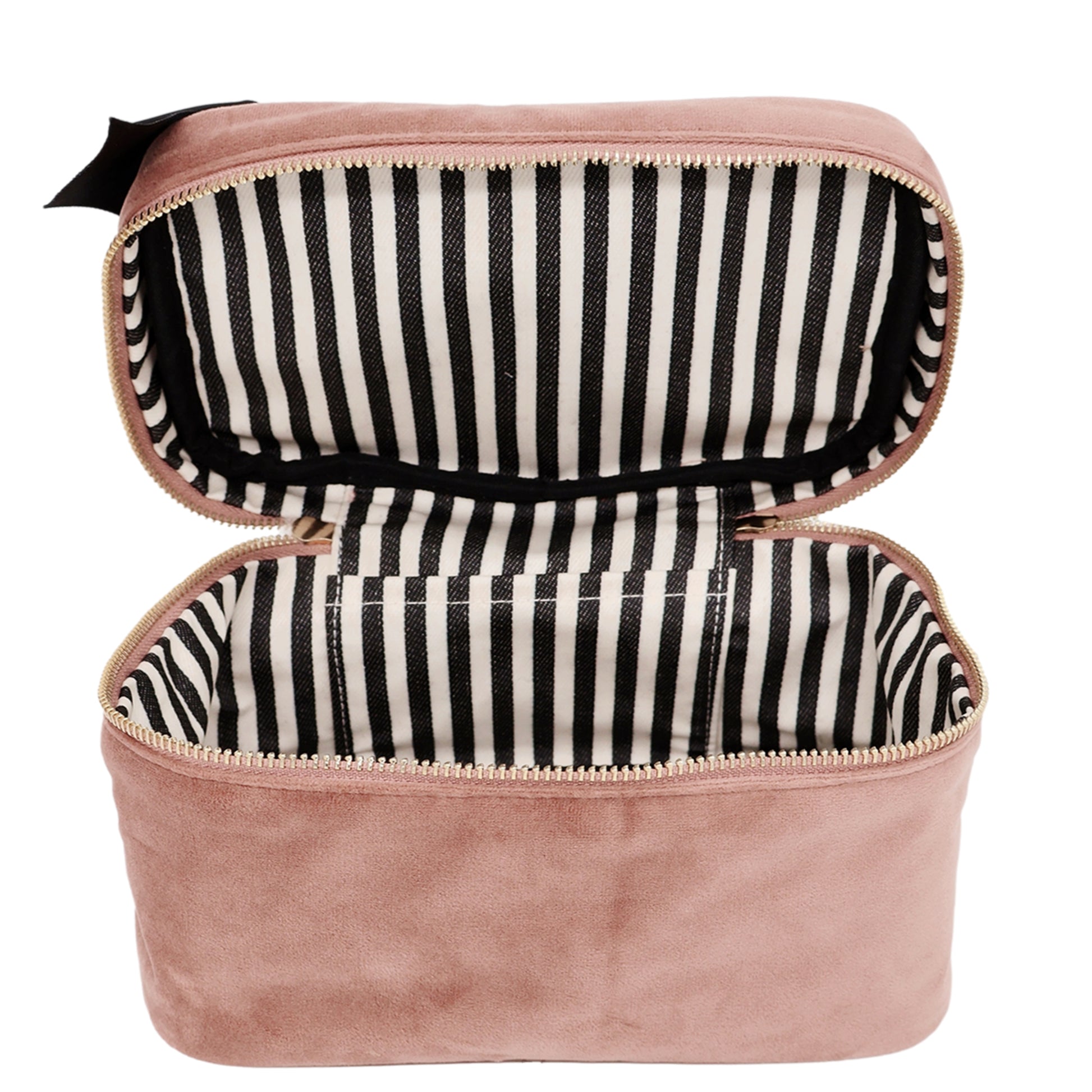 Bag-all My Makeup Cosmetic Box in Pink Velvet with striped interior, waterproof makeup organizer featuring black and white lined pattern, square-shaped travel cosmetic case