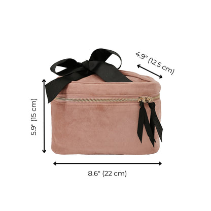 Bag-all My Makeup Cosmetic Box in Pink Velvet with black bow detail, gold zippers, and dimensions 8.6x5.9x4.9 inches, perfect for organizing beauty essentials