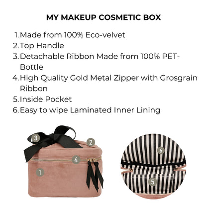 Bag-all My Makeup Cosmetic Box in pink velvet with eco-friendly material, gold zipper, striped interior lining, detachable black ribbon and top handle for stylish beauty organization