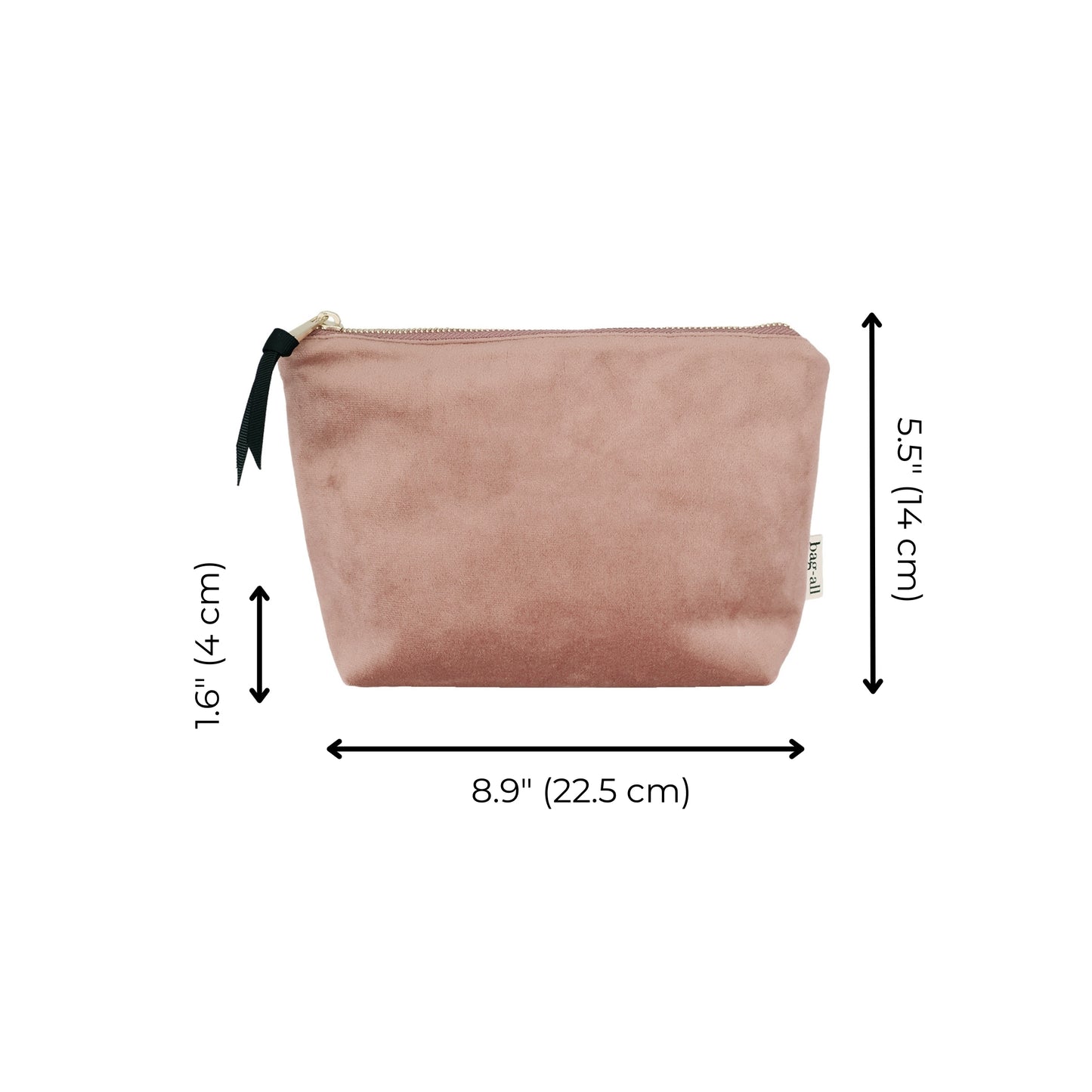 Bag-all My Makeup Pouch in pink velvet with waterproof coating, featuring gold zipper and black bow detail. Compact size measures 8.9 x 5.5 inches, perfect for cosmetics storage and organization.