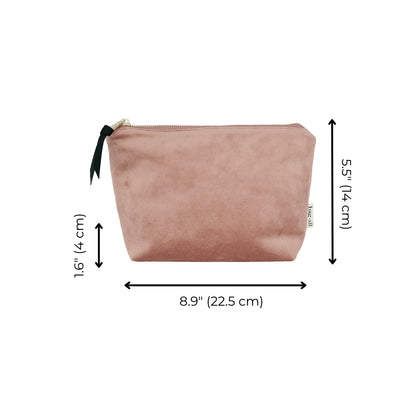 Bag-all My Makeup Pouch in pink velvet with waterproof coating, featuring gold zipper and black bow detail. Compact size measures 8.9 x 5.5 inches, perfect for cosmetics storage and organization.