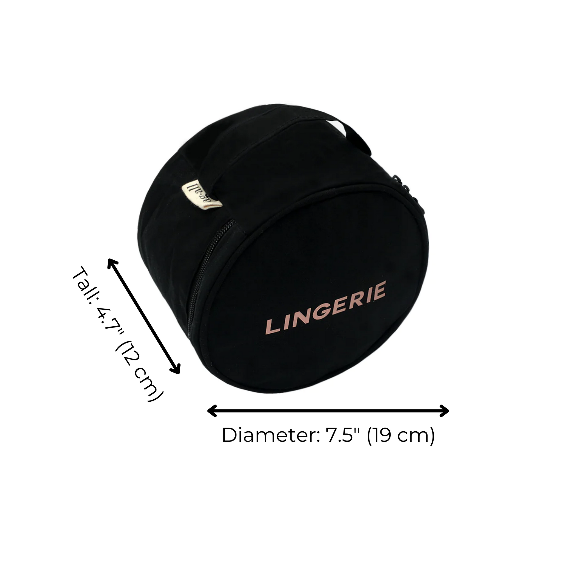 Bag-all Round Lingerie Case in Black with pink lettering, featuring dual zippers and carry handle. Measures 7.5 inches diameter and 4.7 inches tall.