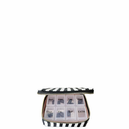 Bag-all Striped Pill Organizing Case with built-in weekly compartments, featuring black and white stripes, zippered closure, and transparent medication slots for daily organization