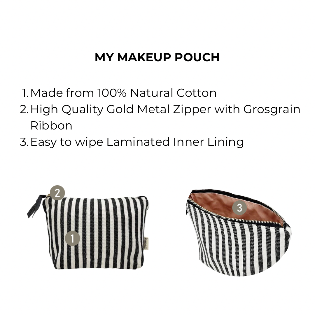 Bag-all Striped Makeup Pouch with pink waterproof lining, gold zipper and black-white cotton stripes, showcasing interior and exterior views. Perfect travel-sized beauty organizer.